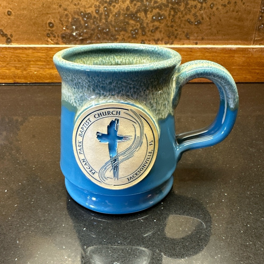 Deneen Pottery Mug Blue Drip Glaze Pecan Park Baptist Church